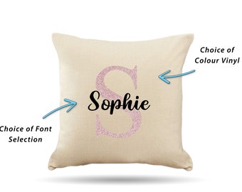 Personalized Custom Glitter Monogram Name & Initials Cream Pillow Case 18 x 18 | Home Decor Cushion Cover | Birthday Gift