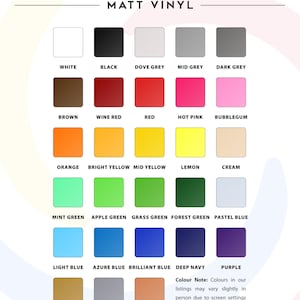 Ensorcerium matt vinyl colour chart showing 28 colours including white, black, dove grey, mid grey, dark grey, brown, wine red, red, hot pink, bubblegum, orange, bright yellow, mid yellow, lemon, cream, mint green, apple green, grass green, forest green, pastel blue, light blue, azure blue, brilliant blue, deep navy, purple, gold, silver and copper. Colours may vary slightly on screen. Need a closer look? Message us for a swatch photo.