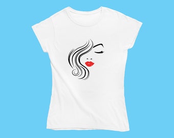 Glam Lady Face with Lush Hair Eyelash Glitter Pouty Lips tshirt for women | Express Feminine Energy | Trendy Chic Fashion | Empowerment