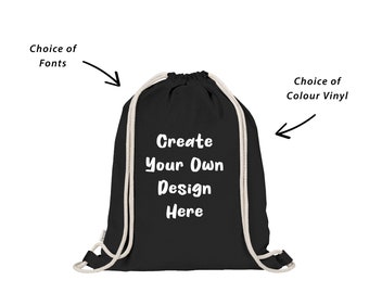 Custom Designed Personalised Drawstring Backpack, High-Quality 100% Natural Cotton, Black Drawstring Bag, Gift, Bespoke gift