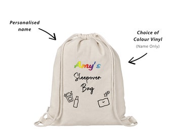 Personalised Girls Sleepover Bag | Teenage girl gift Backpack | Overnight Movie Party | 100% Natural Cotton | Custom Colour Name