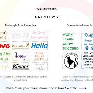 Ensorcerium custom vinyl decal preview examples showing a range of font styles, colours and personalised designs. Rectangle layouts shown for shorter wording (1–5 words, 1–2 lines), and square layouts for longer wording (5+ words, multiple lines, logos or custom designs). Examples include names, quotes, business logos, birth stats and pet memorials. Ready to order? Check the How to Order guide.