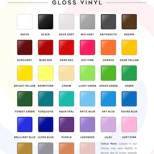 Ensorcerium gloss vinyl colour chart showing 34 colours including white, black, dove grey, mid grey, anthracite, brown, burgundy, wine red, dark red, hot pink, orange, yellow, green, turquoise, aqua teal, sky blue, azure blue, brilliant blue, purple, lavender, lilac, soft pink, gold, silver, copper and rose gold. Colours may vary slightly on screen. Need a closer look? Message us for a swatch photo.