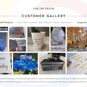 Ensorcerium customer gallery showcasing real custom vinyl decals applied to a wide range of surfaces including glass, mirrors, ceramics, metal, plastic, card, notebooks and business signage. Projects range from small personalised gifts — names, quotes and special messages — to large scale commercial and wedding decals. From small projects to large scale, the possibilities are endless!