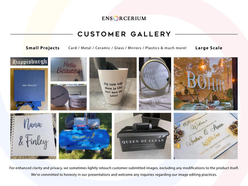 Ensorcerium customer gallery showcasing real custom vinyl decals applied to a wide range of surfaces including glass, mirrors, ceramics, metal, plastic, card, notebooks and business signage. Projects range from small personalised gifts — names, quotes and special messages — to large scale commercial and wedding decals. From small projects to large scale, the possibilities are endless!
