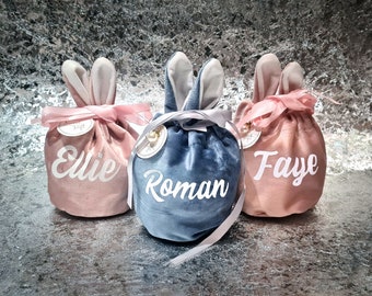 Personalised Name Easter Bunny Gift Bag | Choose Font Style & Colour | Custom Plush Velvet Ribbon Pouch perfect for Easter Chocolates Sweets