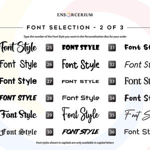 Font chart 2 of 3:
Ensorcerium font selection chart 2 of 3 — showing a further selection of numbered vinyl decal font styles including serif, sans-serif, script, cursive and bold options. Enter your chosen font number in the personalisation box when ordering. Font styles shown in capitals are only available in capital letters. More fonts available on request.
