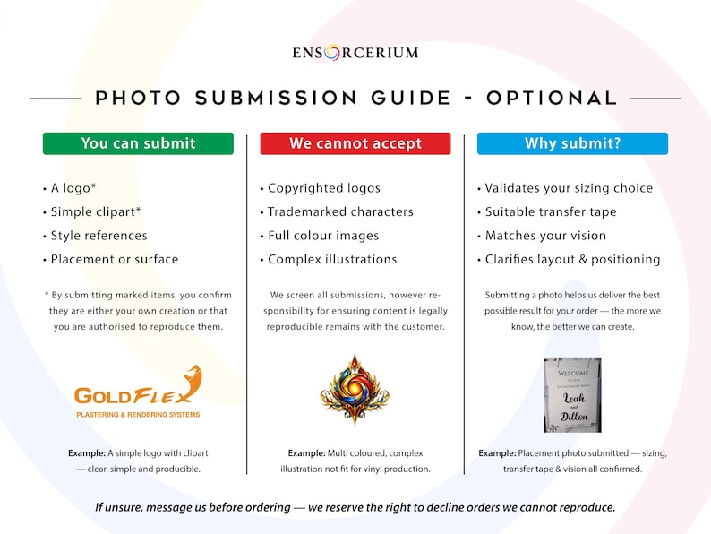 Optional photo submission guide for custom vinyl decals. 3 columns: You can submit – logos, simple clipart, style references, placement photos. We cannot accept – copyrighted logos, trademarked characters, full colour or complex illustrations. Why submit – validates sizing, transfer tape choice, layout and vision. Message us if unsure before ordering.