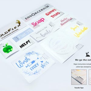 Examples of custom made-to-order vinyl decals by Ensorcerium and how they are processed — showing a range of font styles, colours and finishes including gloss, metallic, holographic and chrome. Decals include personalised text, business logos, decorative designs and custom artwork. Each order includes paper instructions with application tips stamped on both the transfer tape and backing sheet.