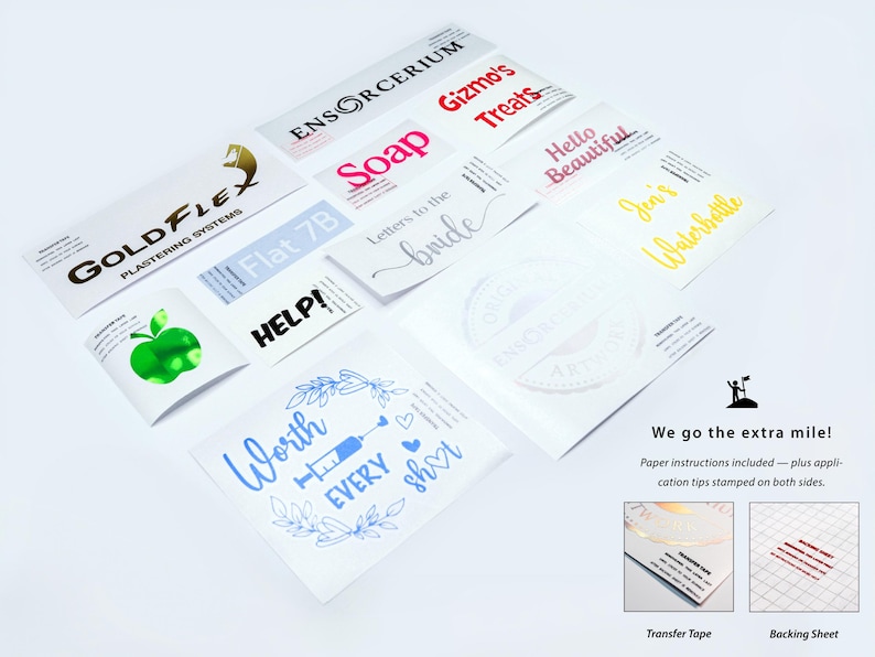 Examples of custom made-to-order vinyl decals by Ensorcerium and how they are processed — showing a range of font styles, colours and finishes including gloss, metallic, holographic and chrome. Decals include personalised text, business logos, decorative designs and custom artwork. Each order includes paper instructions with application tips stamped on both the transfer tape and backing sheet.