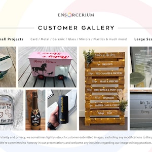 Ensorcerium customer gallery page 2 showcasing real custom vinyl decals on a variety of surfaces and projects. Includes personalised glass jars, a children's toy box, wedding order of the day sign, business opening hours window decal, biscuit tin, champagne bottle, water bottle, furniture and car decals. From personalised gifts to wedding signage and business branding — made to order for every occasion.