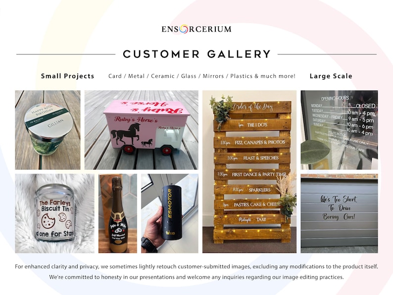 Ensorcerium customer gallery page 2 showcasing real custom vinyl decals on a variety of surfaces and projects. Includes personalised glass jars, a children's toy box, wedding order of the day sign, business opening hours window decal, biscuit tin, champagne bottle, water bottle, furniture and car decals. From personalised gifts to wedding signage and business branding — made to order for every occasion.