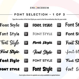 Font chart 1 of 3:
Ensorcerium font selection chart 1 of 3 — showing 18 numbered vinyl decal font styles including serif, sans-serif, script, cursive and bold options. Enter your chosen font number in the personalisation box when ordering. Font styles shown in capitals are only available in capital letters. More fonts available on request.