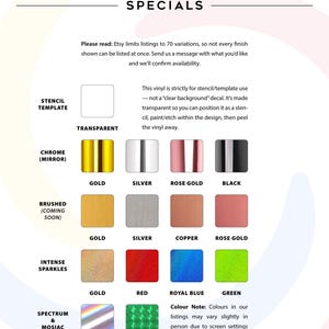 Ensorcerium special vinyl finish chart including chrome mirror in gold, silver, rose gold and black; brushed finish in gold, silver, copper and rose gold (coming soon); intense sparkles in gold, red, royal blue and green; spectrum and mosaic in silver and green; plus transparent stencil template vinyl. Not all finishes listed on Etsy due to variation limits — message us to confirm availability. Colours may vary on screen.