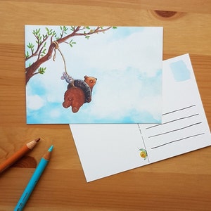 postcard, cheerful card, colorful, swing, bear, mouse