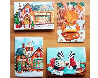 Set of 4 Christmas cards - bakery and bookstore
