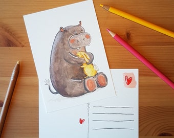 postcard, heartwarming card, loving card, card, hippopotamus, animal card, hearts, rabbit, hug
