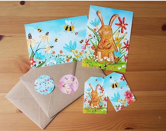 Nature gift set, illustrated, flowers and bees, postcards, animals, rabbit