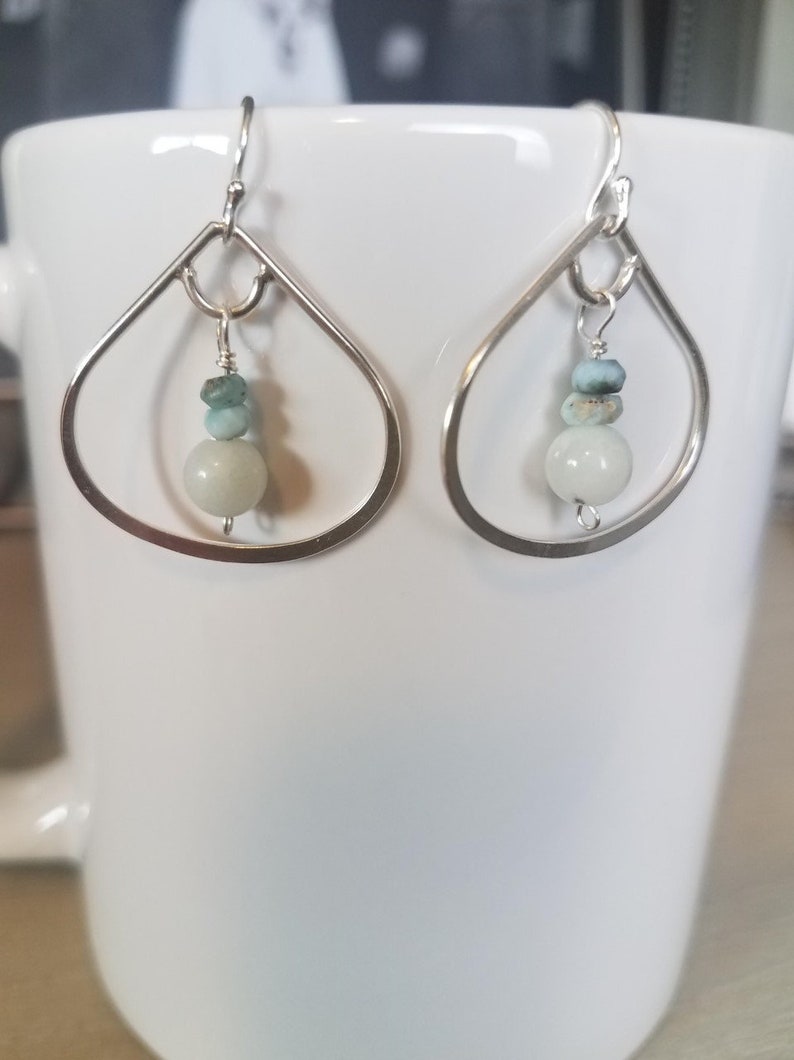 Sundance or Silpada Style. SilverTeardrop Hoop Earrings with Dangling Drops of Amazonite and Larimar on Sterling Silver French Wires