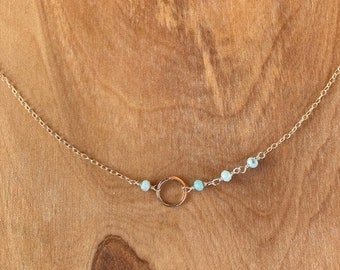 Small Sterling Silver Circle Necklace with Linked Beads of Blue Larimar Stone. Pretty. Dainty. 16.5 in, Minimalist. Silpada /Sundance Style