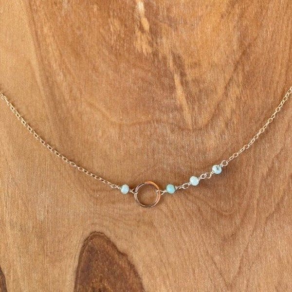 Small Sterling Silver Circle Necklace with Linked Beads of Blue Larimar Stone. Pretty. Dainty. 16.5 in, Minimalist. Silpada /Sundance Style