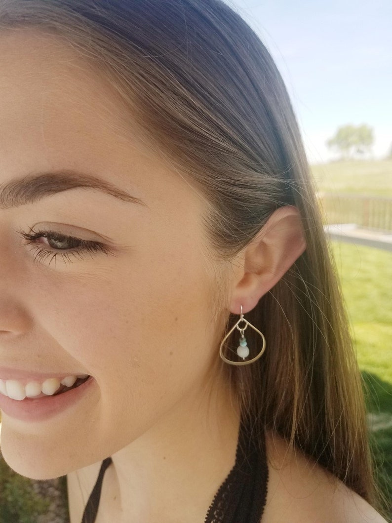 Sundance or Silpada Style. SilverTeardrop Hoop Earrings with Dangling Drops of Amazonite and Larimar on Sterling Silver French Wires