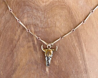 Golden Bronze Bull Charm on Brass Chain Necklace.  Country, Cowgirl Sweetness.