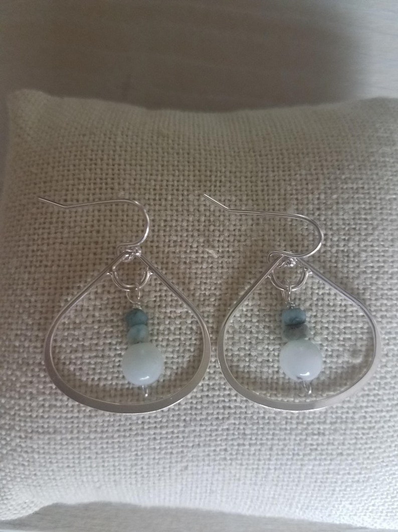 Sundance or Silpada Style. SilverTeardrop Hoop Earrings with Dangling Drops of Amazonite and Larimar on Sterling Silver French Wires