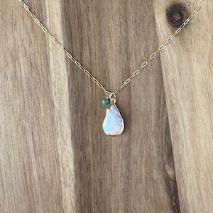 Baroque Pearl on Dainty Gold Filled Paperclip Chain with Dangle of Turquoise.  Beautiful Eye Catcher Necklace.  Sundance Jewelry Style.