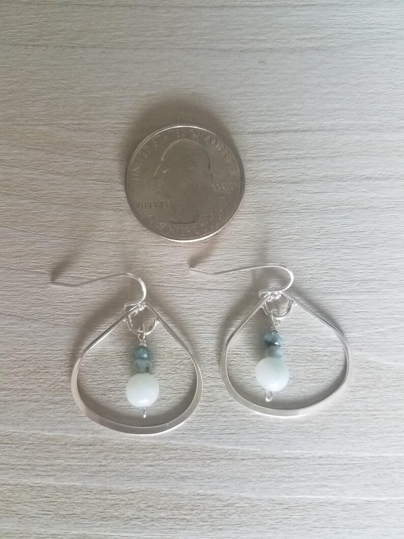 Sundance or Silpada Style. SilverTeardrop Hoop Earrings with Dangling Drops of Amazonite and Larimar on Sterling Silver French Wires