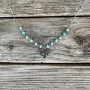 Artisan Flowered Solid Sterling Heart with Beautiful Blue Peruvian Opal on Sterling Chain.  Gorgeous Eyecatching Necklace. Sundance Style.