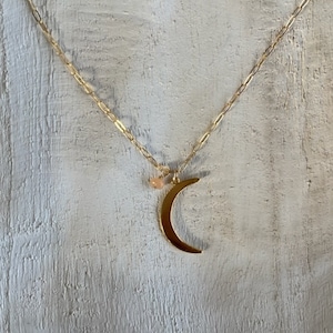 Gold Vermeil Moon with Dangled Drop of Peach Moonstone on Dainty Gold Filled Chain.  Beautiful Celestial Necklace.  Sundance Style.