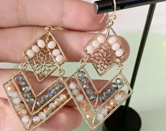 Beaded Dangle Earrings, Neutral & Gold Tones