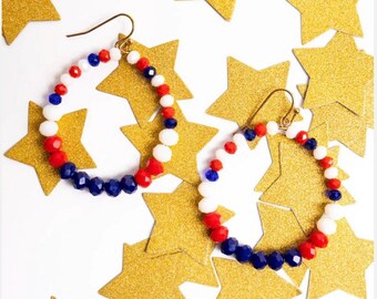 Beaded Hoop Earrings, Patriotic Jewelry