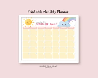 Rainbow Sunshine Printable Kids Monthly Planner en To Do List, Afdrukbare Kalender voor Kids Girls Boys - Huiswerk, School, Klusjes