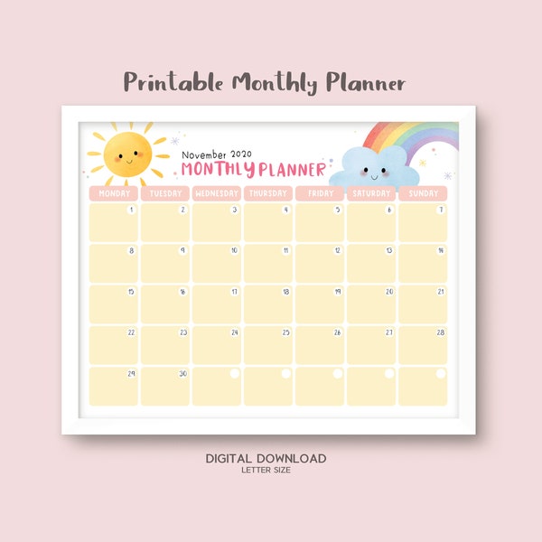 Rainbow Sunshine Printable Kids Monthly Planner and To Do List, Printable Calendar for Kids Girls Boys - Homework, School, Chores