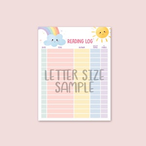 May include: A colorful reading log with a rainbow, cloud, and sun illustration. The log features columns for date, title, author, time, and pages, with the text "Reading Log" at the top. The words "Letter Size Sample" are printed in the center.