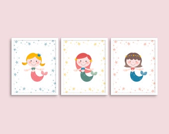 Set of 3 Prints Mermaid Nursery Decor Princess Print Wall Art Nursery Art for Girls Kids Baby Room Instant Download PRINTABLE 8x10 5x7
