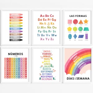 SPANISH Educational Poster BUNDLE 6 Set- Learning Art, Preschool Poster, Toddler Wall Art, Classroom Decor, Teaching, Nursery Print
