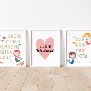 Set of 3 Mermaids Kids Room Decor Little Mermaid Print Wall Art, ABC Alphabet, Numbers, for Nursery Room, Instant Download PRINTABLE image 1