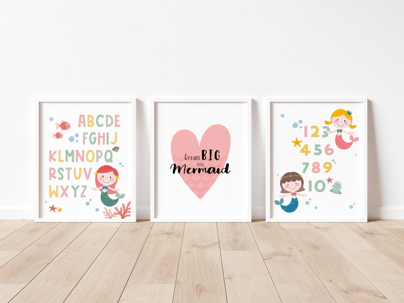 Set of 3 Mermaids Kids Room Decor Little Mermaid Print Wall Art, ABC Alphabet, Numbers, for Nursery Room, Instant Download PRINTABLE image 1