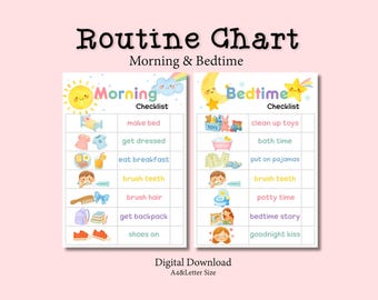 Kids Daily Routine Chart, Morning Bedtime Checklist, Watercolor Toddler Schedule (Digital Download)