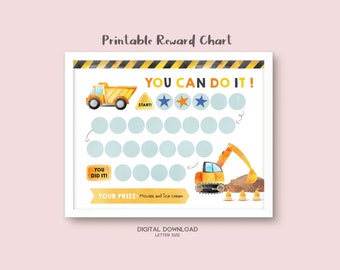 May include: Printable reward chart with a white frame. The chart features illustrations of construction vehicles, stars, and the text "YOU CAN DO IT!". Includes the text "YOUR PRIZE: Movies and Ice cream".