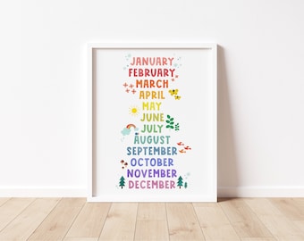 Months of the Year Printable-Seasons, Montessori Education Poster, Homeschool Learning, Classroom Art, Teaching Decor, Digital Download