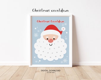 3 Kids Santa Countdown to Christmas, Glue Cotton Balls on Santa's Beard Countdown Calendar, Advent Calendar, Wall Art Decor, Printable