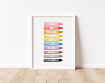 Colores educativo cartel-Crayon cartel imprimible, impresión de la escuela en casa, decoración del aula, sala de juegos aprendizaje Montessori, descarga digital