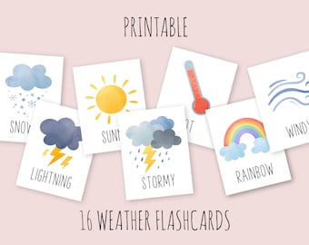 16 Weather Cards, Weather Flashcards, INSTANT DOWNLOAD, Printable Kids Weather Activity, Homeschool, Montessori, Kindergarten Activities