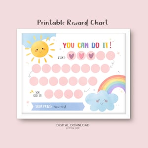 Puede incluir: Un cuadro de recompensas imprimible enmarcado con un diseño alegre. Incluye un sol sonriente, un arcoíris y una nube. El texto "YOU CAN DO IT!" está en la parte superior, con espacios para recompensas.