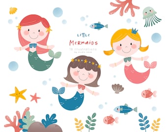 Cute Mermaid Clipart, Mermaid clipart PNG file-300 dpi ,sea, girls, fairytale, underwater, ocean, pink, shell, babyshower
