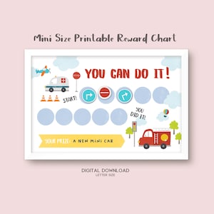 May include: A framed, printable reward chart with a white border. The chart features illustrations of a plane, ambulance, fire truck, and hot air balloon. Text includes "YOU CAN DO IT!" and "YOUR PRIZE: A NEW MINI CAR."